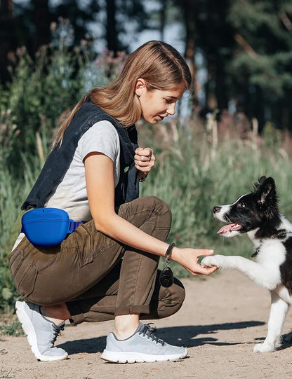 heouvo Dog Treat Pouch with Training Clicker, Upgrade Stronger Magnetic Closure to Avoid Spilling, 1.67 Cup Silicone Treat Bag Fanny Pack with Waist Belt for Pet Training Walking (Blue)