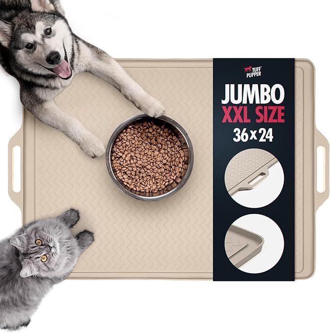 Tuff Pupper 36x24 XXL Dog Feeding Mat for Food and Water | Dog Food Mats for Floors | Waterproof Dogs Water Bowl Mats | Dogs Placemats Pet Food-Mat | Silicone Feeding Mat for Cats and Cat Bowls
