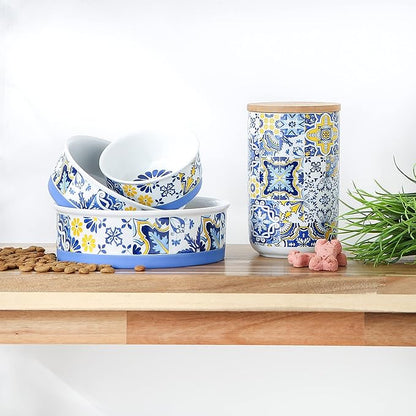 Bone Dry Ceramic Food Bowls, Non-Slip & Dishwasher Safe, Large Set, 7.5x2.4, Azulejos Tile, 2 Piece