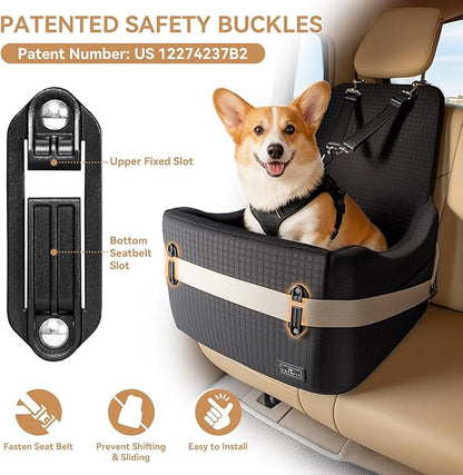 PETSFIT Dog Booster Car Seat for Small/Medium Dogs Up to 35 lbs – Patented Safety System, 6" Memory Foam Pet Car Seat, Fully Detachable and Washable Cover, Front/Back Seat Travel Booster (Black)