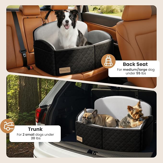 Dog Car Seat for Medium/Large Dogs, Memory Foam Dog Booster Seat with Thick Cushion up to 55 lbs or 2 Small Dogs, Travel Pet Car Seat with Detachable Washable Cover, 2 Safety Leashes (Black/Grey)