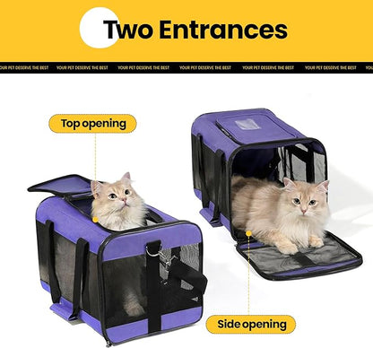 Cat Carrier Airline Approved, Soft-Sided Dog Carrier with Inner Safety Leash, Pet Transport Carrier for Small-Medium Cats Puppies up to 15 Lbs, Collapsible Travel Kitten Carrier Bag -Purple M