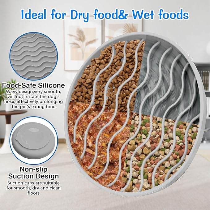 Fhiny Slow Feeder Dog Bowl, Silicone Dog Puzzle Bowl Slow Feeder Puppy Bowls Slow Eating Modern Lick Mat Design Dishwasher Microwave Fit for Fast Eaters, All Small Medium Dogs Puppy Doggy (Grey)
