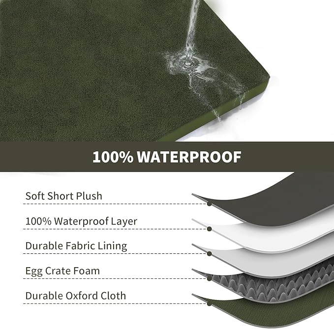 Flat Extra Large Dog Bed, Jumbo Waterproof Dog Bed for Large Dogs, Orthopedic Egg Crate Foam Pet Mat with Removable Washable Cover, Olive Green