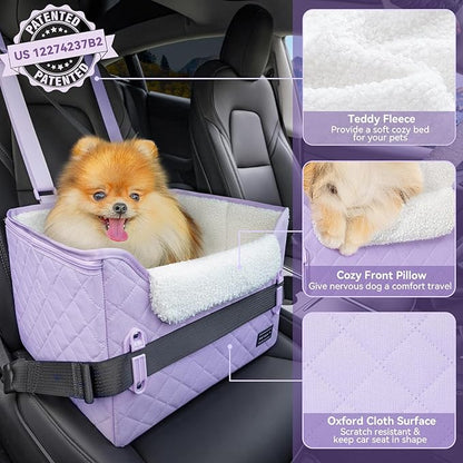 PETSFIT Dog Car Seats for Small Dogs – Patented Safety Buckles – Safety Tether – Foldable Travel Cat Car Seat Reduces Anxiety & Road Trips – Stable Frame, Fits Front/Back Seat (Lavender Purple)