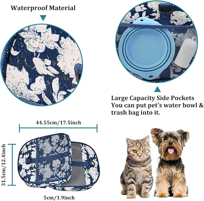 Soft-Sided Kennel Pet Carrier for Small Dogs, Cats, Puppy, Airline Approved Cat Carriers Dog Carrier Collapsible, Travel Handbag & Car Seat (Blue White Floral, 19" L x 11" W x 11" H)
