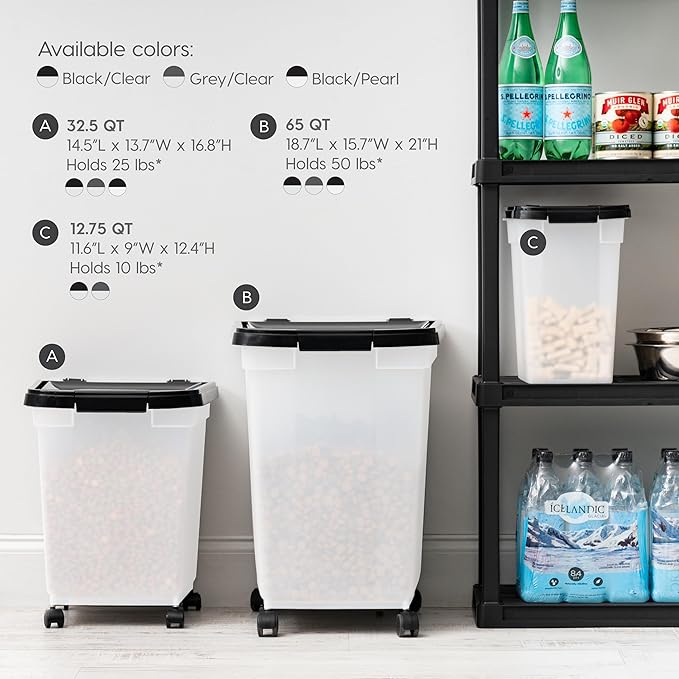 IRIS USA 25 Lbs / 32.5 Qt WeatherPro Airtight Pet Food Storage Container with Removable Casters, for Dog Cat Bird and Other Pet Food Storage Bin, Keep Fresh, Translucent Body, Pearl/Black