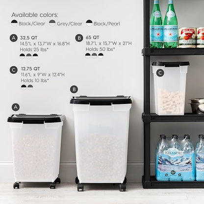 IRIS USA Dog Food Storage Container 50 lbs, with Removable Rolling Wheels, for Dog Cat Bird and Other Pets, Food Storage Bin, Keep Fresh, Made in USA, Pearl/Black