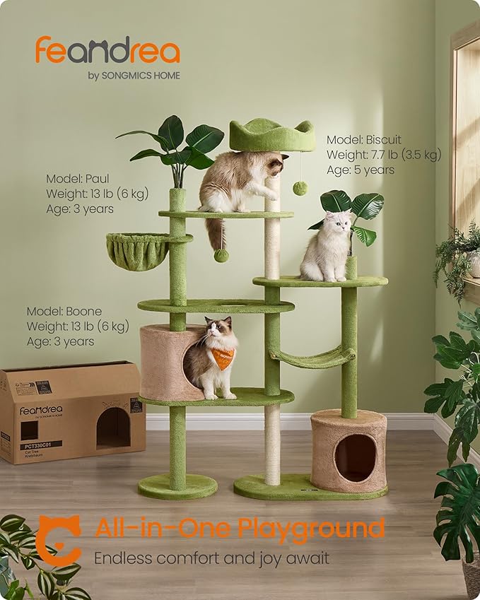 Feandrea Cat Tree, 68.1-Inch Tall Cat Tower, Multi-Level Plush Condo with Artificial Leaves, 3 Scratching Posts, 2 Pompoms with Bells, Grass Green and Camel Brown UPCT330C01