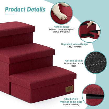 Dog Stairs with Storage, 4-Step Wider Sturdy Dog Steps for Small/Medium/Large Dogs and Older Cats, Folding Doggie Ramp for Bed/Couch/Car Hold Up to 180 lbs (22" H, Burgundy)