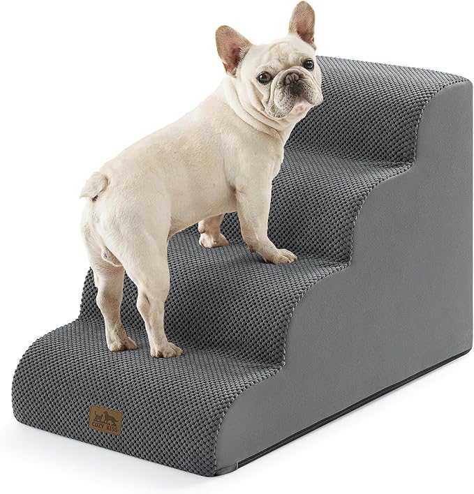 Wide Dog Stairs for Small Dog 19.7" H, Pet Step for Puppy, Older Cat, Curved Ramp for Bed, Durable Anti-Slip Ladder with High Density Foam, 4 Step, 17.7x28x19.7 inch, Dark Grey