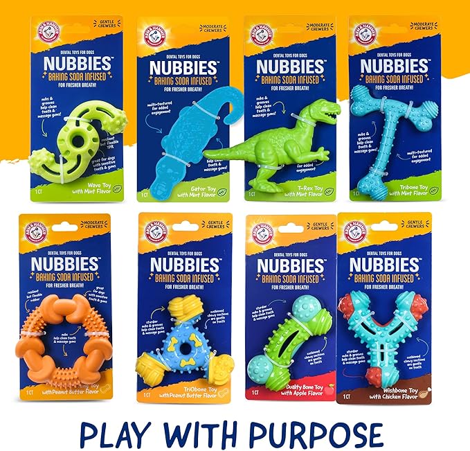 ARM & HAMMER for Pets Nubbies TriBone Dog Dental Toy Best Dog Chew Toy for Moderate Chewers Dog Dental Toy Helps Reduce Plaque & Tartar Peanut Butter Flavor Baking Soda (Pack of 24)