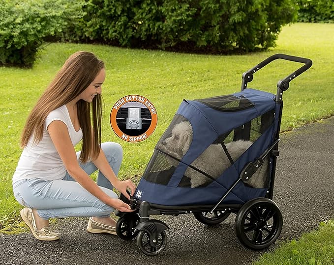 Pet Gear NO-Zip Pet Stroller with Dual Entry, Push Button Zipperless Entry for Single or Multiple Dogs/Cats, Pet Can Easily Walk in/Out, Gel-Filled Tires, Midnight Blue, Excursion