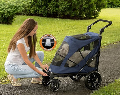 Pet Gear NO-Zip Pet Stroller with Dual Entry, Push Button Zipperless Entry for Single or Multiple Dogs/Cats, Pet Can Easily Walk in/Out, Gel-Filled Tires, Midnight Blue, Excursion