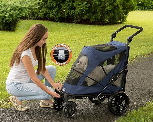 Pet Gear NO-Zip Pet Stroller with Dual Entry, Push Button Zipperless Entry for Single or Multiple Dogs/Cats, Pet Can Easily Walk in/Out, Gel-Filled Tires, Midnight Blue, Excursion