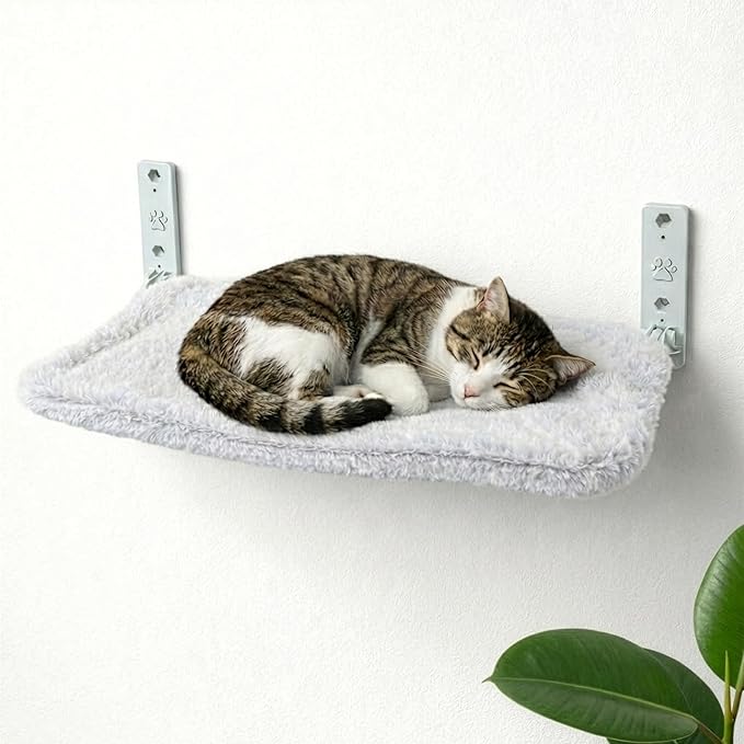 Cat Wall Bed with Ultra-Soft Plush Cover, Foldable Cat Wall Hammock, Shelf Bed with 40 lb Metal Support, Removable Washable Hammock, Hardware for Drywall, Stud & Concrete