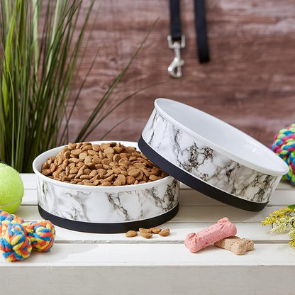 Bone Dry Pet Bowl Collection Ceramic Set, Large, Marble, 2 Count, White
