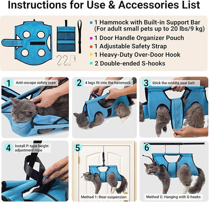 Pet Grooming Hammock for 10-20 lbs Pets - Door-Hook Hanging, Adjustable Height with Full Straps, Machine Washable, 1 Tool Bag Included, Blue
