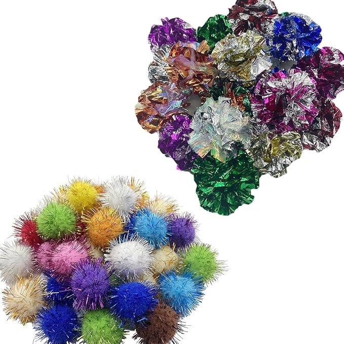 30 Pcs Crinkle Balls Cat Toys Sparkle Balls, 10 Pcs Mylar Crinkle Balls Cat Toy, 20 Pack Glitter Pom Pom Balls Cat Toy Pom Balls Tinsel Balls, Color Random