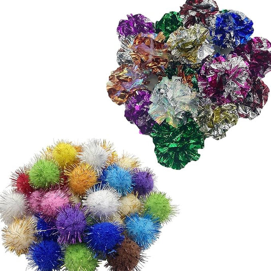 30 Pcs Crinkle Balls Cat Toys Sparkle Balls, 10 Pcs Mylar Crinkle Balls Cat Toy, 20 Pack Glitter Pom Pom Balls Cat Toy Pom Balls Tinsel Balls, Color Random