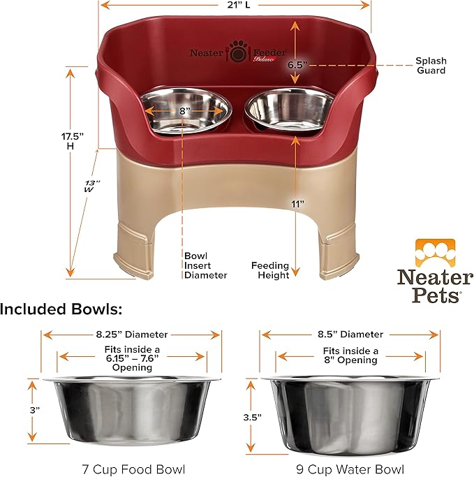 Neater Feeder Deluxe Mess-Proof Elevated Dog Bowls for Large Dogs (40+ lbs), 2 Height Adjustable (14.5” & 17.5”) No-Spill Raised Dog Bowl Stand, Stainless Steel Food Bowl Set, Made in USA, Cranberry