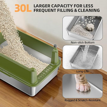 Enclosed Stainless Steel Cat Litter Box with Lid, XL Extra Large Litter Box for Big Cats, Metal Litter Pan High Sided, Never Absorbs Odors, Anti-Urine Leakage, Include Scoop (65-Green)