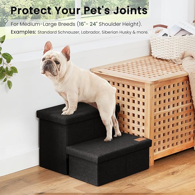 Love's cabin Dog Stairs with Storage 13" H, Foldable Pet Stairs for Small Medium or Large Dogs, Cat Puppy Steps Ramp with Zip up to 150 lbs, Black, 2 Steps