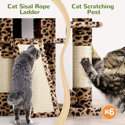 Globlazer Heavy Duty Cat Trees for Large Cats, Sturdy 72in Maine Coon Cat Tree for Large Cat 20 lbs+ Heavy Duty Cat Tower for Adult Biggest Cats with 6 Scratching Posts, Hammock, S72, Leopard Print