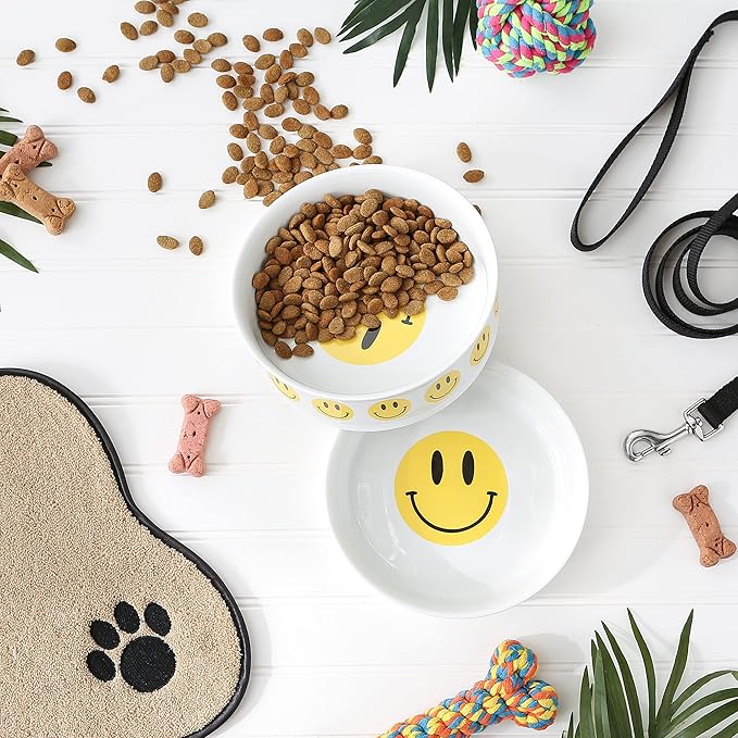 Bone Dry Ceramic Food Bowls, Non-Slip & Dishwasher Safe, Large Set, 7.5x2.4, Smiley Face, 2 Count