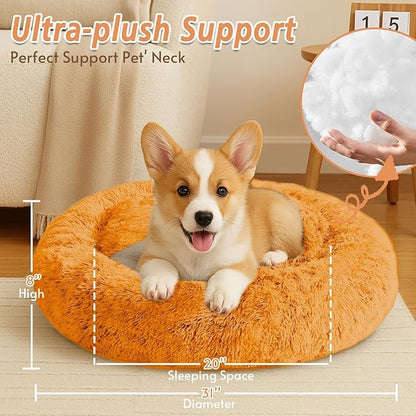 JOLLYVOGUE Calming Dog Bed Medium Size Dog, 31in Donut Washable Medium Pet Bed, Anti-Slip & Anti-Anxiety Fluffy Faux Fur Round Dogs Bed, Fits up to 45 lbs Pets (Orange)