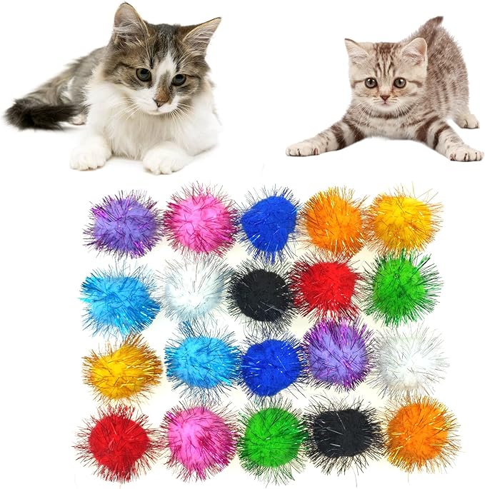 Andiker Cat Sparkle Balls - 1.5 Inches Colorful Tinsel Glitter Pom Pom Toys for Indoor Cats - Interactive and Lightweight to Keep Fit and Active (4.5cm, 20pcs)