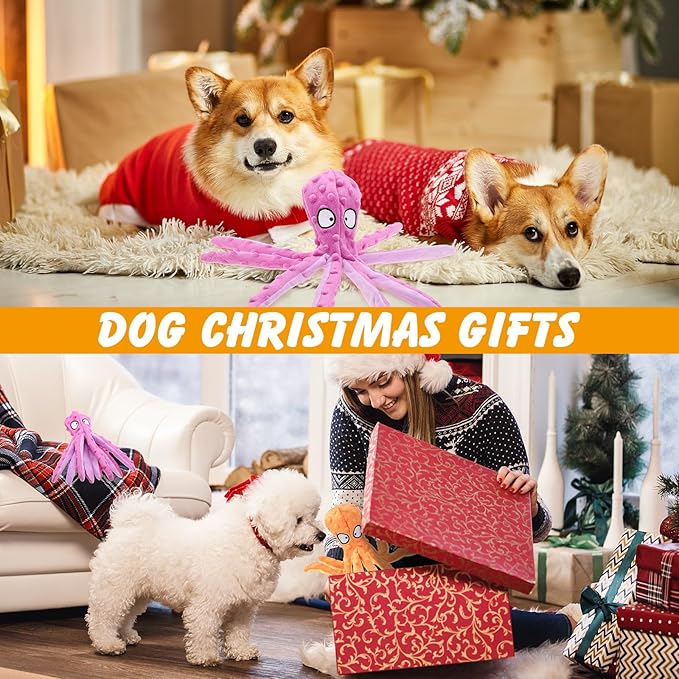 2 Pcs Octopus Dog Toys, No Stuffing Squeaky Dog Toys Chew Toys for Dogs Puppy Toys Indestructible Dog Toy for Small & Medium & Large Dogs (Purple,Orange)