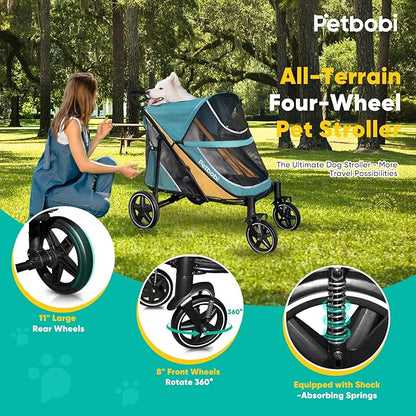 Petbobi Dog Stroller for Large & Medium Dogs - Easy Fold Dual Entry Pet Stroller with One-Foot Brake, All Terrain Wagon Cart with Air Mesh, Ideal for Large Senior Pets up to 80 lbs, Green