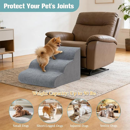 Dog Stairs for Small Dogs, 3-Step Dog Steps for Couch Sofa and Chairs, High-Density Foam Pet Steps Ramp with Removable Washable Cover for Older Injured Puppy Dogs and Cats, 13.78" H, Grey
