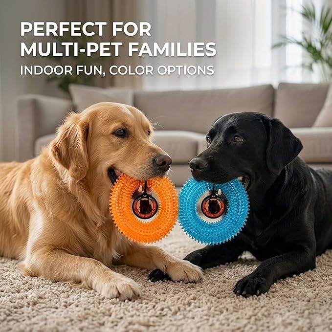 ADUCK Dog Squeaky Chew Toys for Aggressive Chewers, Small Medium Large Dogs Teeth Cleaning Soft Natural Rubber Float Toy for Indoor Outdoor Water Pool, Donut Ring Design 4.92 inch, Crystal Orange