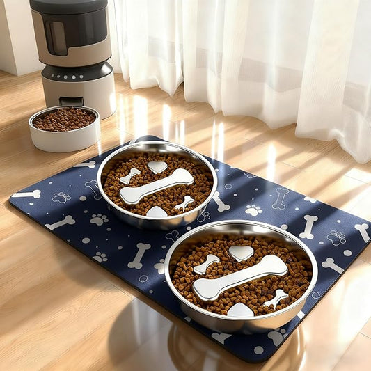 Stainless Steel Slow Feeder Dog Bowls with Pet Feeding Mat,2 Pcs Slow Food Bowl for Dog & Cat - 2 Cups Capacity,with Absorbent Pet Placemat,Puzzle Maze Dish for Small & Medium Sized Breeds