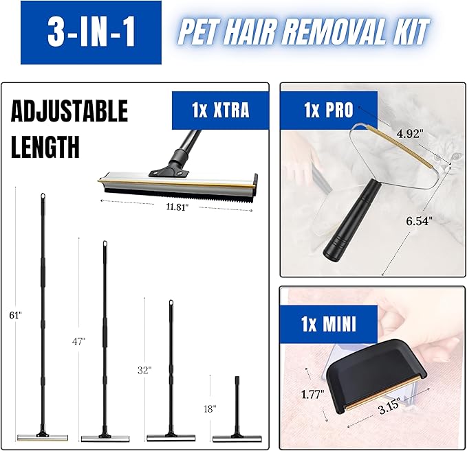 2025 Dual-Edge Carpet Rake for Pet Hair Removal & Fluffing Matted Carpet – 61" Adjustable Handle, Deep Clean Dog & Cat Hair Remover, Reusable Scraper for Rugs, Low Pile Carpet, Couch & Stairs (Set 3)