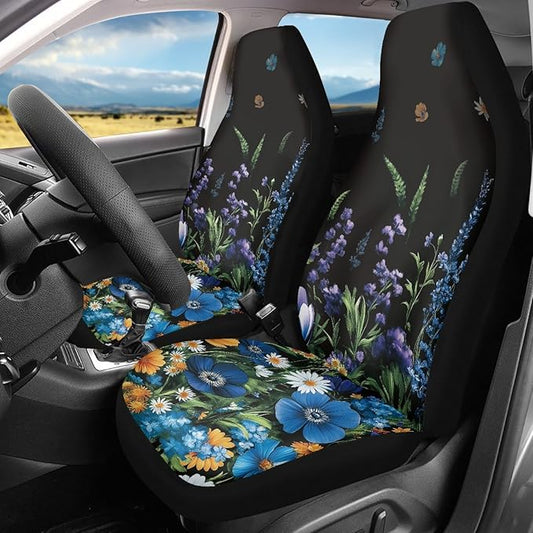 Sunflowers Daisy Car Seat Covers Front Seats Only for Women Blue Flowers Front Bucket Seat Accessory Interior Decoration Universal Fit for Most Vehicles