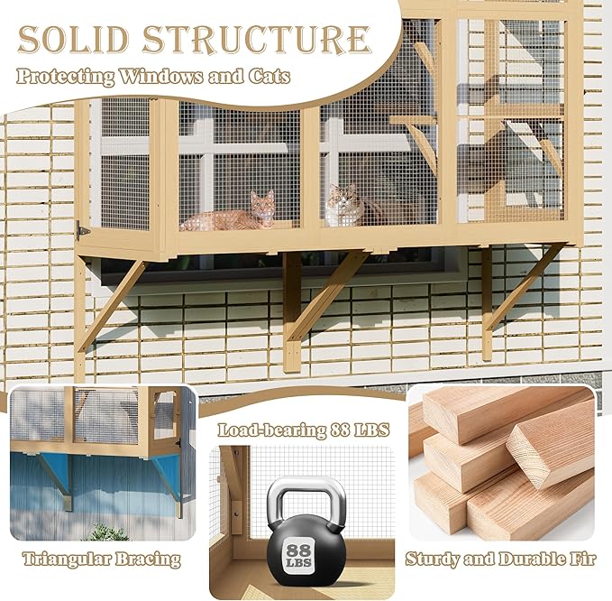 Large Catio Cat Window Box, Outdoor Cats Window Perch Enclosure for Indoor Cats with 4 Jump Platforms & 4 Doors, Kitten Cat Patio House Connected with Tunnels, All Weather Use (Natural)