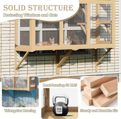 Large Catio Cat Window Box, Outdoor Cats Window Perch Enclosure for Indoor Cats with 4 Jump Platforms & 4 Doors, Kitten Cat Patio House Connected with Tunnels, All Weather Use (Natural)