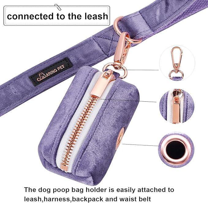 ARING PET Dog Waste Bag Dispenser, Velvet Doggy Poop Bags Holders Attach to Any Leashes, Purple Portable Washable Pet Waste Pouch Dispenser with Metal Zipper