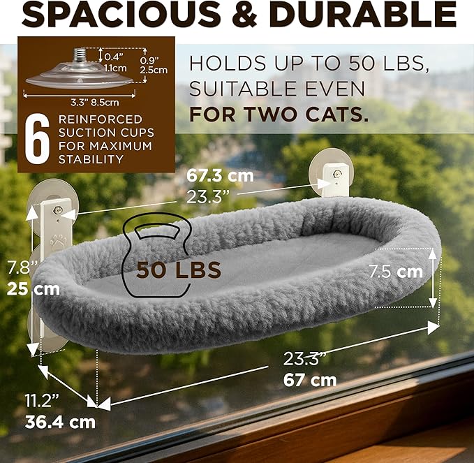 Cat Window Perch – Strong 6 Suction Cup Foldable Cat Hammock Bed for Large Cats and Kittens That Holds up to 50 lbs with Washable Reversible Cover, Sturdy Metal Frame for Window (Gray)