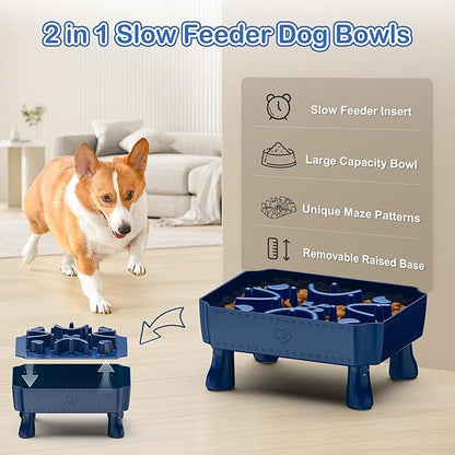 UPSKY Slow Feeder Dog Bowls, 2 in 1 Dog Puzzle Slow Feeder for Large Breed, Maze Elevated Dog Food Bowl Anti-Choking Interactive Dog Feeding Bowls Slow Down Eating for Boredom Blue