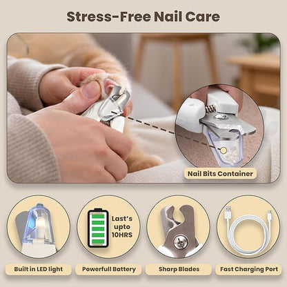 2-in-1 Dog Nail Clippers & Cat Nail Clipper with 2 LED Lights, USB Rechargeable with Safety Guard, Low Noise Grooming Tool for Small, Medium, and Large Dog & Cat Nail Trimmer(White)