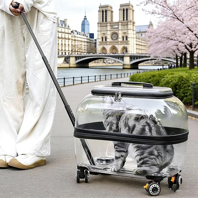 Pet Carrier with Wheels, 360° Rotating Castors, Foldable Dog & Cat Travel Suitcase, Portable and Breathable Pet Carrier with Transparent Window and External Handle Gray