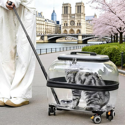 Pet Carrier with Wheels, 360° Rotating Castors, Foldable Dog & Cat Travel Suitcase, Portable and Breathable Pet Carrier with Transparent Window and External Handle Gray