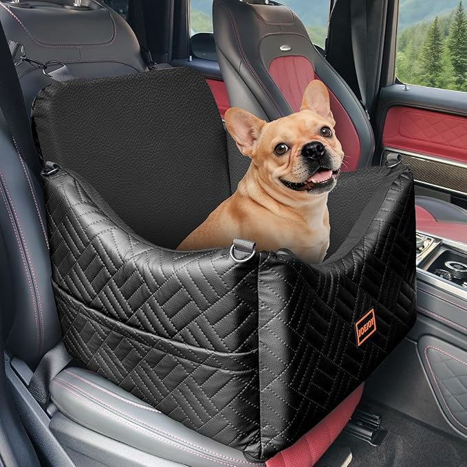 JOEJOY Dog Car Seats for Small Medium Dogs Under 35lbs, Waterproof PU Leather Dog Booster Seat with Detachable Cover, Thickened Memory Foam Pet Car Seat with Safety Belt and Storage Pockets