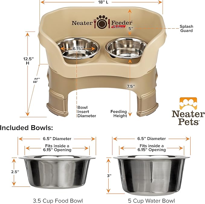 Neater Feeder Deluxe Mess-Proof Elevated Dog Bowls for Medium Dogs (19–40 lbs), 2 Height Adjustable (10” & 12.5”) No-Spill Raised Dog Bowl Stand, Stainless Steel Food Bowl Set, Made in USA, Cappuccino