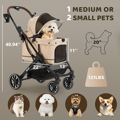 All-Terrain Dog Stroller for Small to Medium Dogs, Pet Stroller for Dogs & Cats Outdoor Walks, One-Hand Easy Fold, Double-Layer Anti-UV & Waterproof Canopy & Breathable Mesh, Vanilla Beige