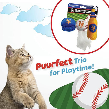 Best Plush CAT Toy - MLB New York Mets Complete Set of 3 Piece Cat Toys Filed with Fresh Catnip. Incld: 1 Baseball Cap Cat Toy, 1 Baseball Cat Toy with Feathers, & 1 Beer Bottle. Beautiful Team Logos